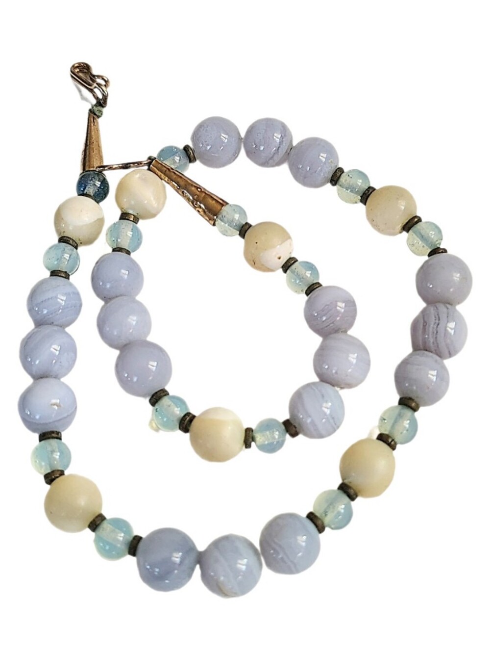 🆕 Vintage Blue Crazy Lace Agate Mother Of Pearl & Opal Bead Strand Necklace